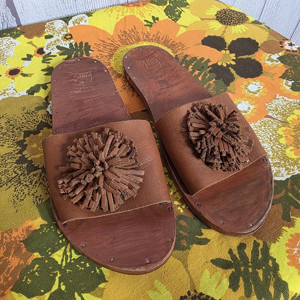 Beek Wood Sole Leather Pom Pom Slide Sandals Brown Boho Made In Mexico 8
